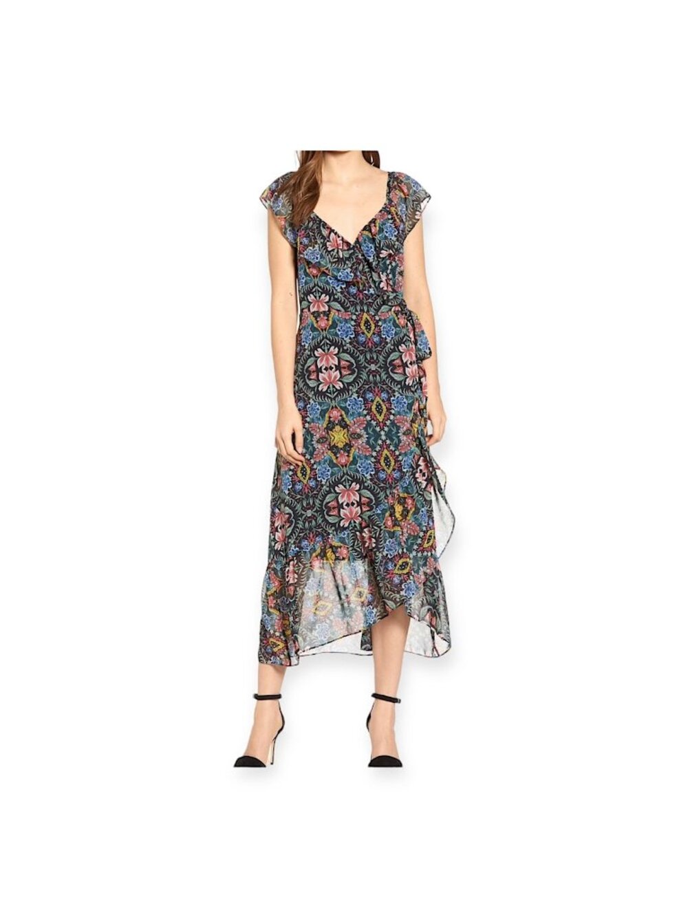 Rebecca Minkoff Jessica Ruffle Floral Midi Wrap Dress S Black Multicolor NWT